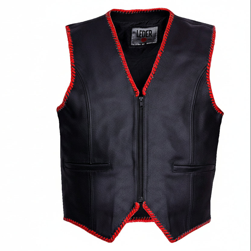 Biker Lederweste Rotrand