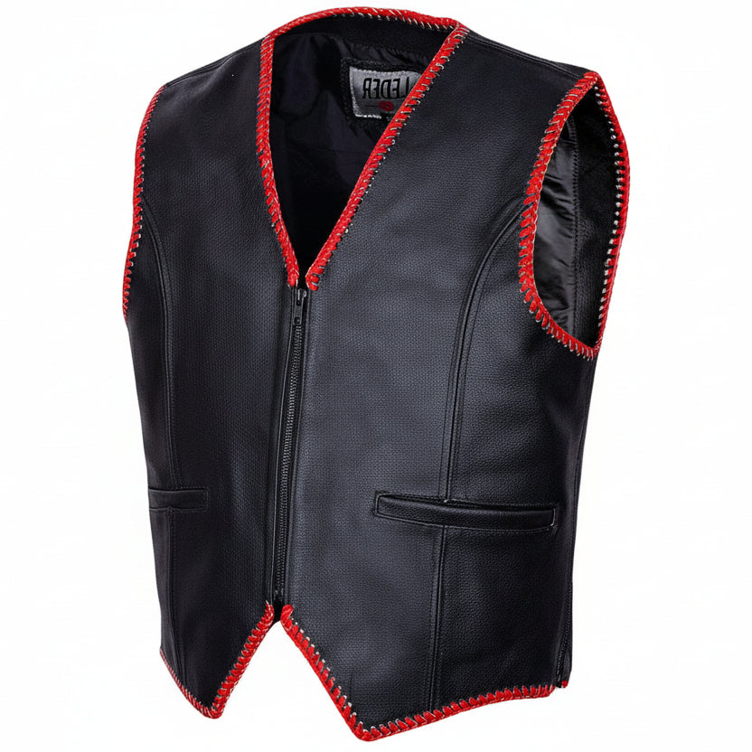 Biker Lederweste Rotrand